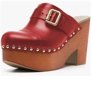 YDN Red Chic Platform Closed Round Toe Mules Rivet Studded Chunky Heels Sandals